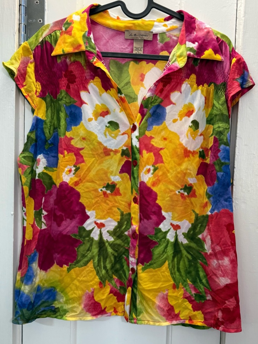 I.E. Relaxed Floral Button-Front Short Sleeve Top - Multicolor